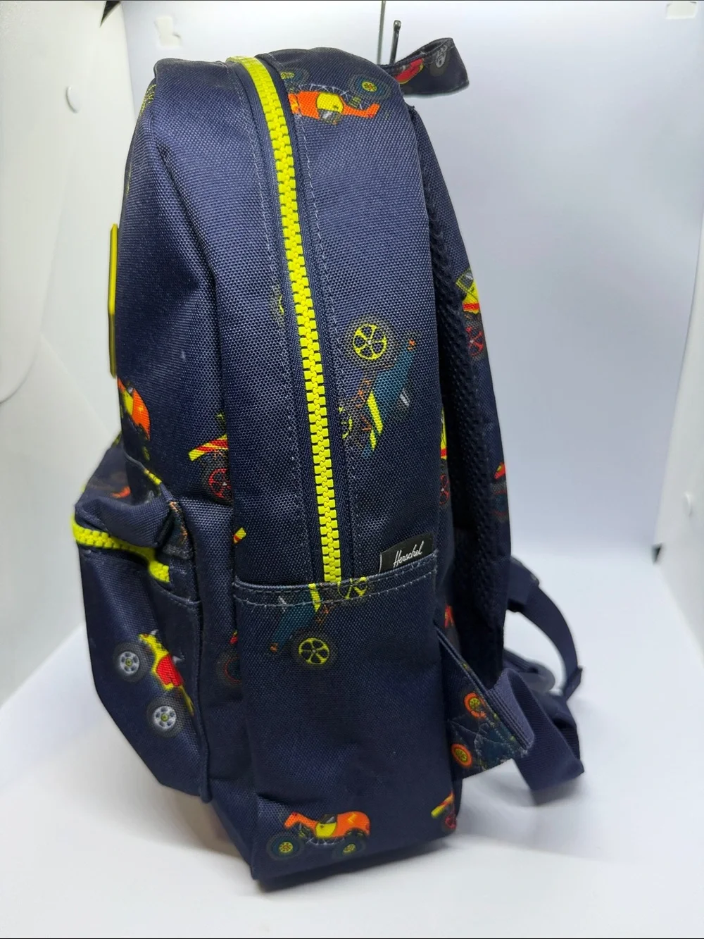 Navy Kids Backpack with Neon Yellow Accent and Racecar Print
